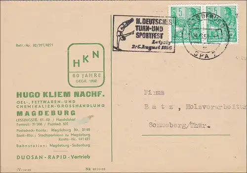 1956: Carte postale Commande de couleurs Magdeburg après le tampon de Sonneberg