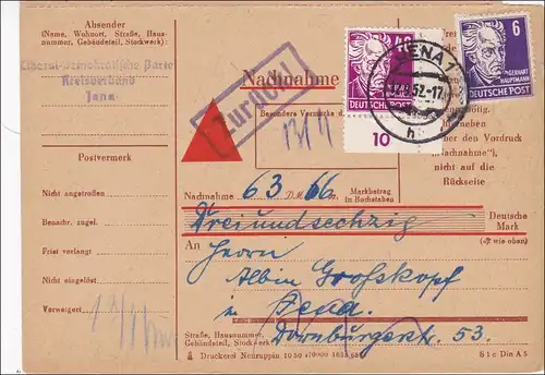 DDR:  1952: Nachnahme Paketkarte von Jena - zurück Köpfe II, Eckrand