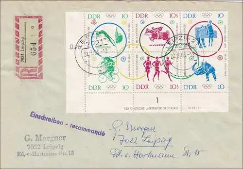 DDR: 1983: lettre recommandée Leipzig avec Eckrand et VEB Imprimer numéro