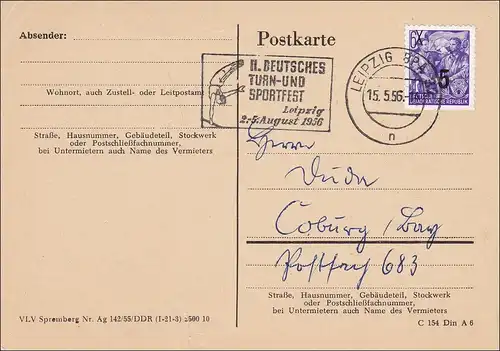 DDR: 1956: Postkarte aus Berlin nach Coburg - Sparwochen, "Klein Fälschung"