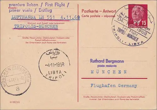 DDR: 1968: Antwort Ganzsache aus Libyen nach München