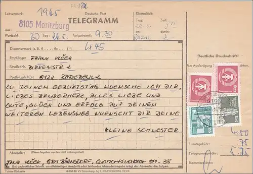 RDA: 1982: TELEGRAMM de Moritzburg à Radebeul