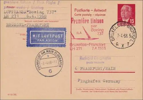 DDR: 1968: Ganzsache Antwortkarte Brüssel-Frankfurt - Erstflug Boeing 737