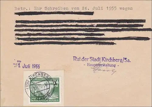 DDR: 1955: Postkarte der Stadt Kirchberg/Sa "Kleine Fälschung"
