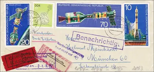 1975: R-Eilboten von Schkeuditz nach München- Nachsendungsantrag liegt nicht vor