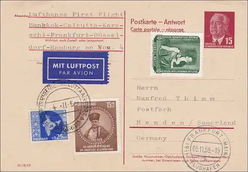 1959: Réponse Frankfurt-Aéroport Bankkok, Calkcutta-Karaschi, Düsseldorf Menden