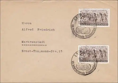 1954: Messe Leipzig nach Markranstädt-Sonderstempel Internationale Friedensfahrt