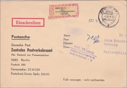 1977:Affaire postale Einseimmelt Berlin vers Leipzig-Fehl