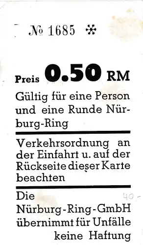 Carte pour 1 tour sur le Nürburgring, 0,50 RM - Nüburging GmbH