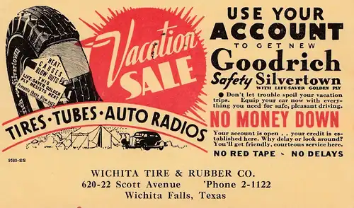 Werbekarte USA Wichita Falls/Texas, Werbung Reifen Tires, Tubes, Auto Radios1935
