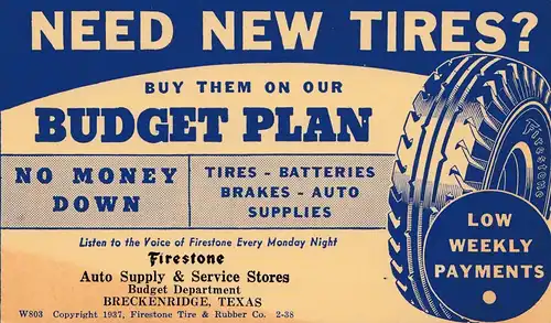 Carte publicitaire de États-Unis Breckenridge, Texas, Pneus publicitaires -Tires, Firestone 1938