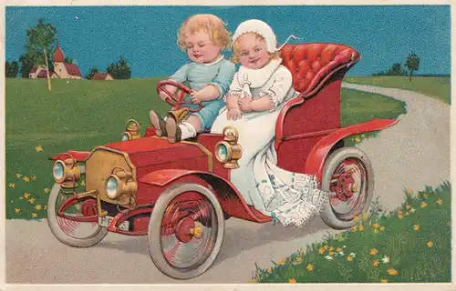 Thematik: Automobil: Ansichtskarte  Kinder im Auto1908 von Boppard nach Holland