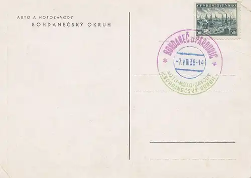 Motorradrennen Pardubice 1938 mit Sonderstempel