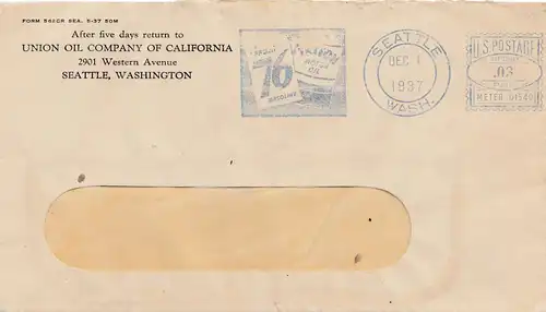 Lettre de Seattle/Washington de l'Union Oil Company of Carlifonia 1937