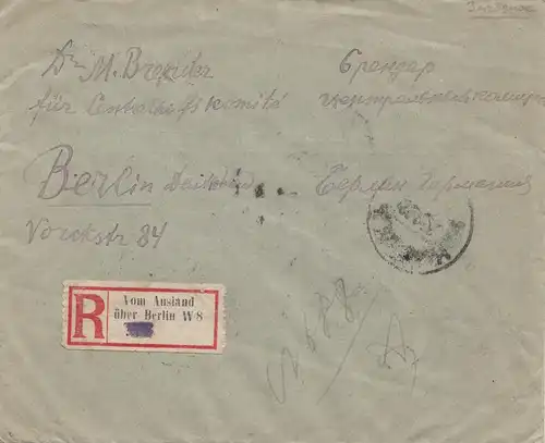 Brief mit R-Zettel: Vom Ausland über Berlin W8 1922