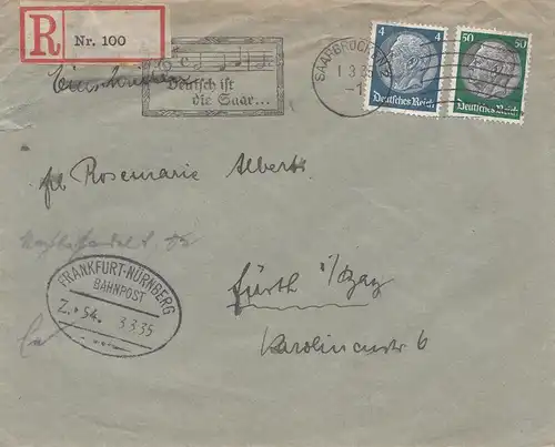 Einschreiben Blanko R-Zettel 100- Bahnpost Frankfurt Nürnberg, Werbung Saar 1935