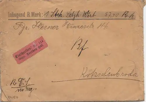 Wertbrief Einschreiben per Bahnpost Verschlussvignette Reichsbahn Dresden Hbf