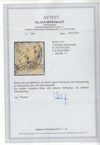 Württemberg: MiNr. 41b, gestempelt  mit BPP Fotoattest