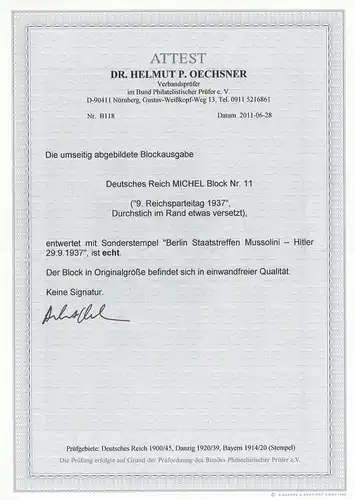 Deutsches Reich: Block 11 gestempelt: Durchstich versetzt mit BPP Attest