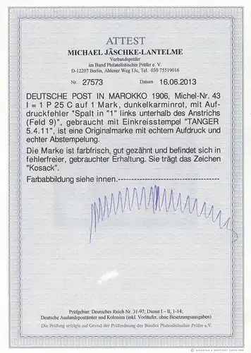 Marokko: MiNr. 43I, gestempelt, Tanger, mit BPP Fotoattest