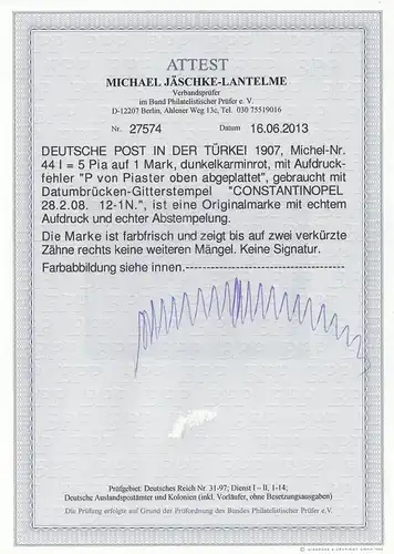 Türkei: MiNr. 44I, gestempelt mit BPP Fotoattest