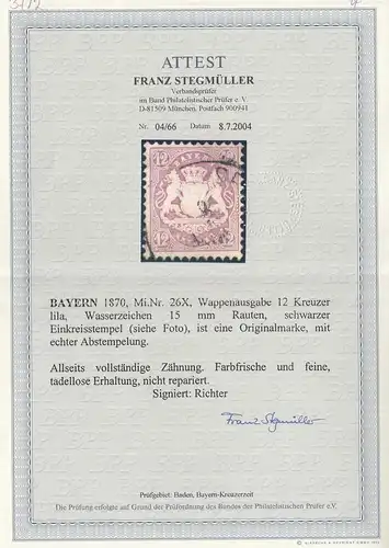 Bavière: MiNr. 26 X BPP Attest, marque estampillé