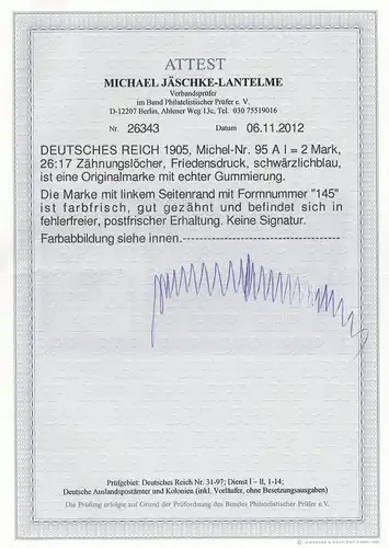Deutsches Reich: MiNr. 95 AI, Platte Nr. 145,  postfrisch mit BPP Attest
