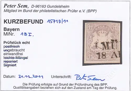 Bavière: MiNr. 18I, cacheté avec BPP