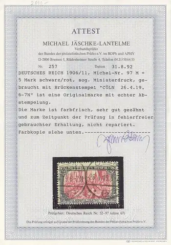 Reich allemand: MiNr. 97M, cacheté avec BPP Attest