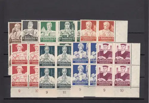 Deutsches Reich: MiNr. 556-564, postfrisch im Viererblock - Eckrand, BPP Attest