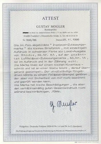 Feldpost: MiNr. 8A, gestempelt, Rhodos, BPP Attest