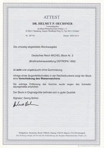 Reichs Block n° 3 - OSTROPA, BPP Attest - WZ Reverse