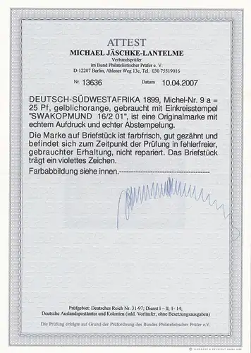 DSWA: Min. 9a, cacheté Swakopmund 1901, colis