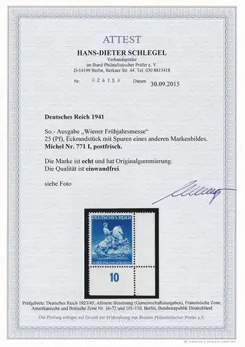 Deutsches Reich: MiNr. 771 I, **, Eckrand, BPP Attest