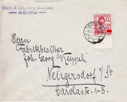 III. Reich: MiNr. 645 FDC von Görlitz nach Neugersdorf 1937