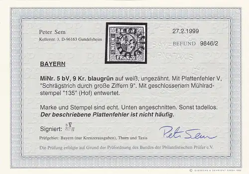 Bayern: MiNr. 5 bV, Mühlradstempel 135, BPP Befund, Plattenfehler