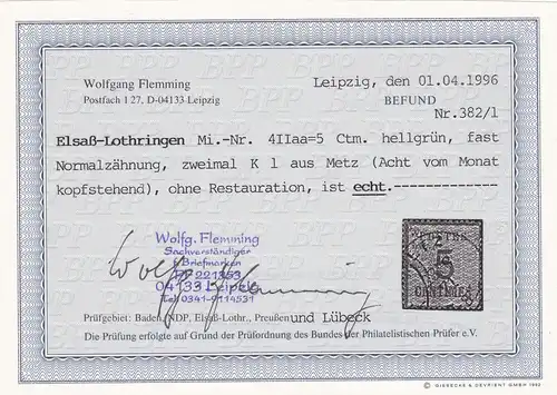 Elsaß-Lothringen: MiNr. 4 II aa=5 Ctm, BPP Befund