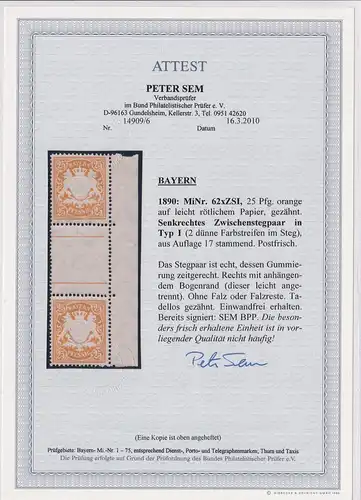 Bavière: MiNr. 62 ZSI, type1, **, BPP Attest