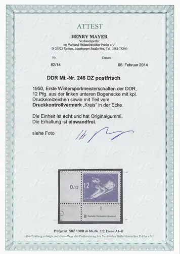 DDR: MiNr. 246 DZ, postfrisch mit Druckkontrollvermerk !!!