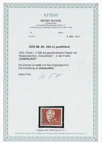 DDR: MiNr. 254 C, postfrisch, Dunkelrot, Pieck I, 1952