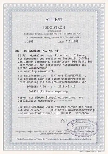 SBZ: MiNr. 41 ( BI b ), Stempel Dresden 1945, BPP Foto-Attest