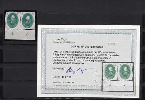 DDR: MiNr. 262 I, postfrisch vom Unterrand, BPP Befund