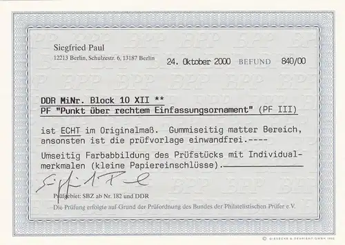 DDR: MiNr. Block 10 XII, postfrisch, BPP Befund