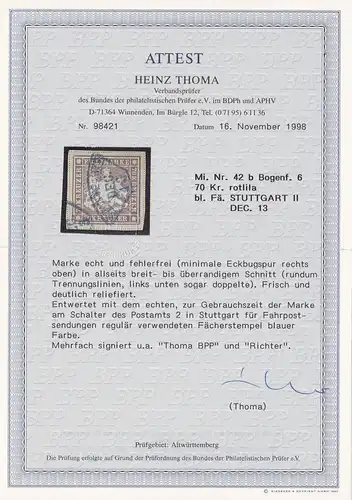 Württemberg: MiNr. 42 b, Bogenf. 6, BPP Attest, gestempelt