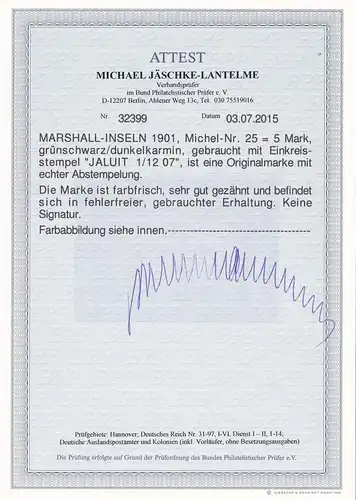 Marshall Inseln: 1901, MiNr. 25 - 5 Mark, gestempelt, BPP Fotoattest