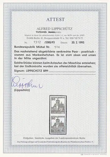 Bund: Attractions: MiNr. 914 - manque de doublage, BPP Photo certificat, sans Z.