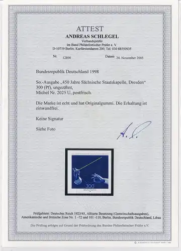 Bund: MiNr. 2025 U, **, postfrisch,  BPP Foto Attest