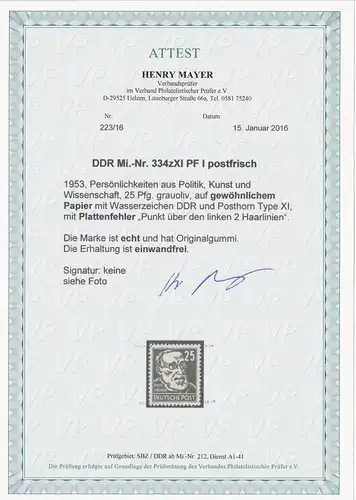 DDR: MiNr. 334 xXI PF I, post-frais, erreur de plaque