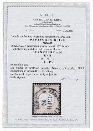 Deutsches Reich: MiNr. 28, gestempelt, BPP Fotoattest