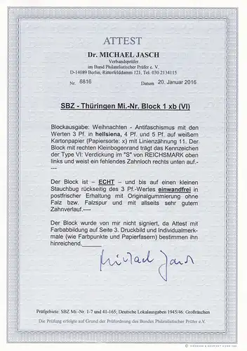 SBZ: N° de micro-bloc 1xb (VI), **, test de photo-catest BPP, frais de port